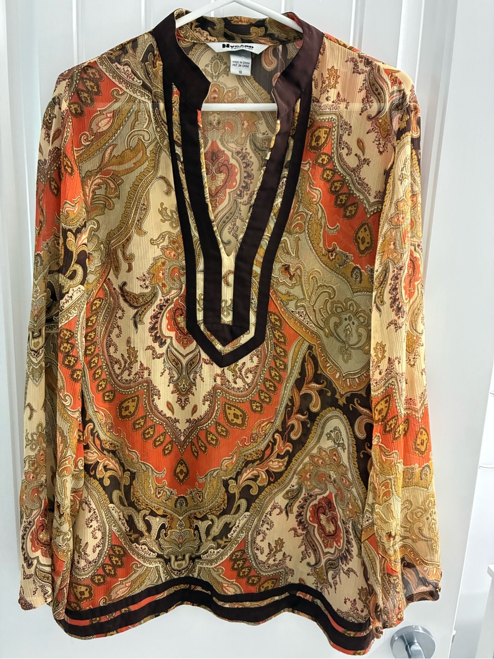 Peter Nygard Orange, Cream and Brown Paisley Long-Sleeve Top
